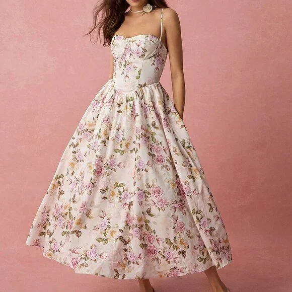 White Boho Women's Romantic Vacation Floral Print Spaghetti Strap A-Line Long Dr - Picture 5 of 7